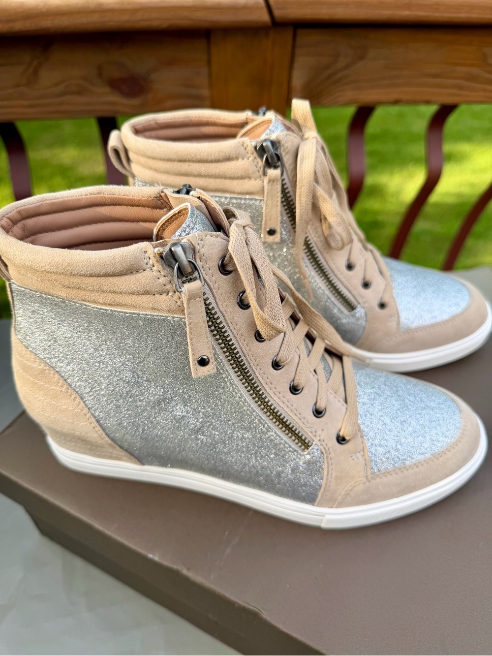 Paolo Silver Glitter and Beige Wedge Sneaker Booties